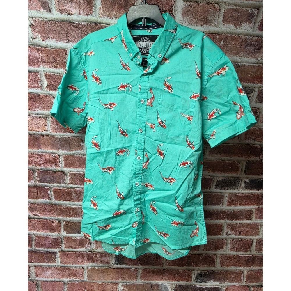 Men's FIVE POINT INDUSTRIES Koi Fish Print Short Sleeve Button Down Shirt Size M